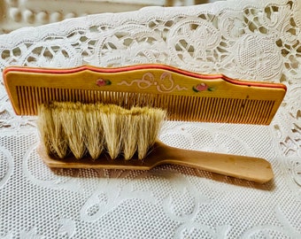 Vintage Ivory and Roses Baby Brush and Comb, Nursey Decor Display