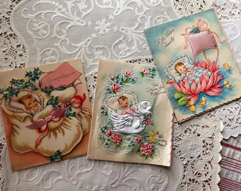 Three Vintage Welcome Baby Cards, 3D Swan, Satin Bow, Satin Puffed Sail, Scrapbooking, Collage, Mixed Media