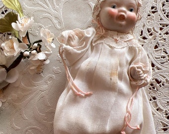 Vintage Bisque Baby Doll in Gown, Lace Hat, Satin Strings, Made in Japan, 5 1/4" Tall