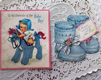 Flocked New Baby Boy Cards, Blue Pony, Booties, Scrapbooking, Infant Ephemera