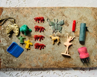 Vintage Miniature Toy Collection as Shown, 14 Pieces, Whistle, Horse Key Chain, Knitting Spool, Animals