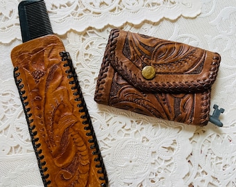 Vintage Tooled Leather Comb and Key Holder Set, Hand Stitched with Key