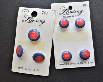 Vintage STOP Buttons, Two Carded Sets, Childrens Trim Embellishments Red and Blue