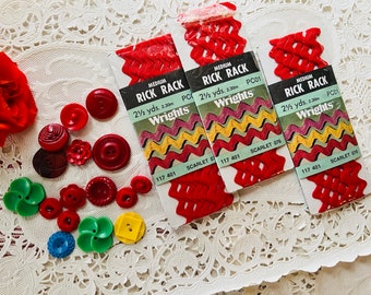 Vintage Assorted Buttons, and 3 Pkgs Rick Rack for Valentine Crafts Sewing Trim