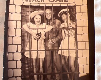 Vintage Vacation Photo, Myrtle Beach, Drunk in Jail, Two Women and a Man Yucking it Up 1940s, Souvenir Black & White Photo