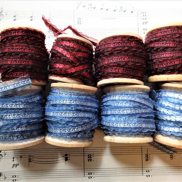 Gorgeous Ruffled Narrow Trim, 2 Yards on Vintage Wood Spool, Your Choice, Blue or Deep Red, Maroon