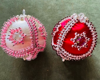 Two Handmade Bejeweled Ornaments, Faux Pearls Beads Pink and Red