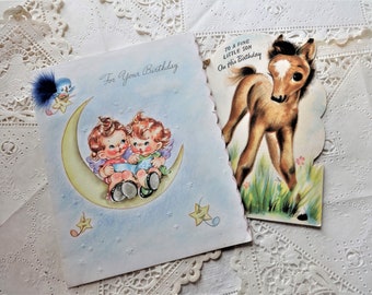 Vintage Childrens Birthday Cards, Real Tufts of Mane and Feathers, Scrapbooking, Collage, Mixed Media