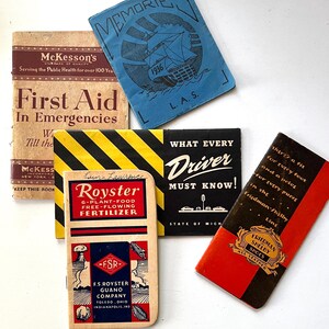 May include: A collection of five vintage paper booklets including a tan McKesson's First Aid in Emergencies guide, a blue 1936 Memories booklet, a yellow and black What Every Driver Must Know manual, a Royster fertilizer pamphlet, and a red Friedman-Shelby shoe booklet.