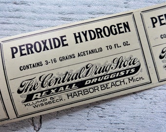 10x Vintage Pharmacy Gummed Labels, Perforated Peroxide Hydrogen, Rexall Pharmacy, Harbor Beach, Michigan