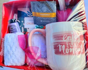 Pink Coffee Mug Gift Set - Tea, Heart Keychain, & More