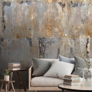 Rustic Concrete and Metal Wallpaper, Distressed Patina Wall Mural