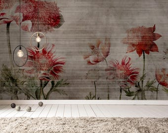 Papel de parede botânico vintage, mural de parede floral aquarela vermelho suave