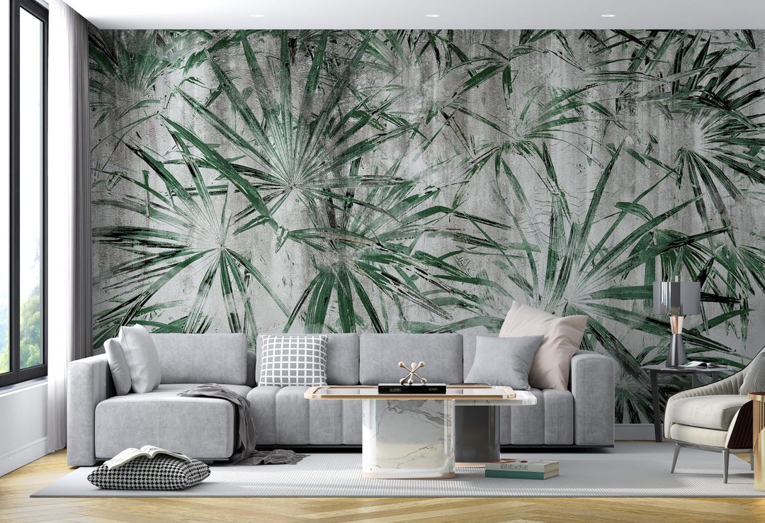 Rustic Tropical Leaf Wallpaper: Green Palm Wall Mural - Etsy