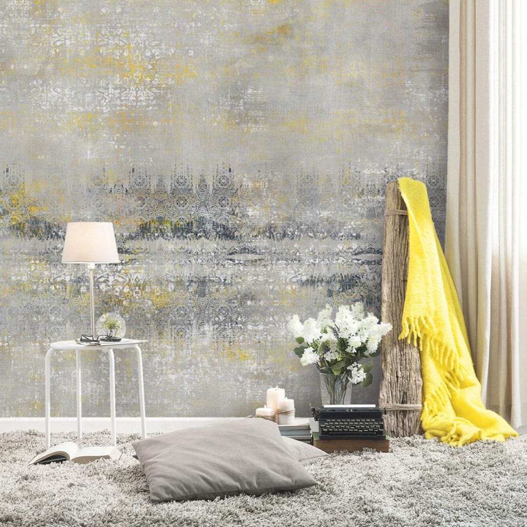 Modern Abstract Wallpaper, Yellow and Gray Distressed Texture Wall ...
