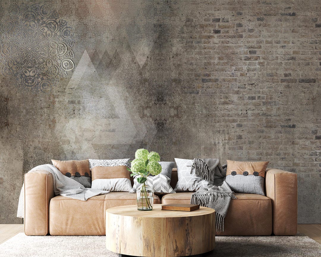 Mandala and Brick Accent Wallpaper | Rustic Textured Wall Covering ...