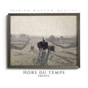 May include: A painting depicting a horse-drawn carriage travelling along a dirt road in a rural setting. The sky is a pale grey, and the trees in the distance are barely visible. The carriage is pulled by two horses, and the driver is seated on the seat. The painting is rendered in a muted colour palette, with shades of grey, brown, and green.