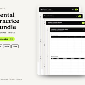 May include: A digital dental practice bundle featuring four templates including an appointment tracker, patient intake log, inventory and supply checklist, and treatment plan and billing tracker. The documents are available in XLSX, DOCX, and HTML formats.
