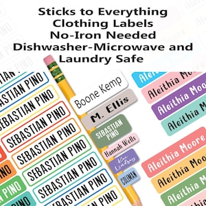 May include: Colorful clothing labels with the text "Sticks to Everything Clothing Labels No-Iron Needed Dishwasher-Microwave and Laundry Safe" and various names printed on them, including "Sebastian Pino", "Boone Kemp", "M. Ellis", "Hannah Wells", and "Aleithia Moore".