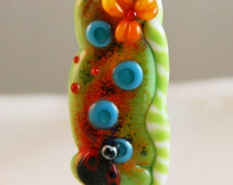 Green Ladybug Handmade Lampwork Focal Bead Burnt Wood Beads SRA USA