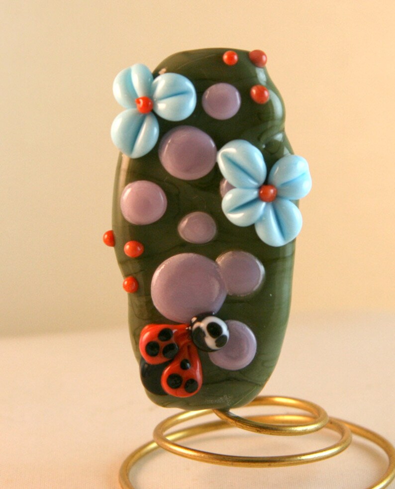 BWB Lampwork Art Glass SRA Handmade Art Glass Focal Garden Ladybug Bead Burnt Wood Beads