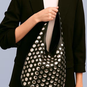 Black Leather Studded Shoulder Bag: Edgy Punk Rock Hobo Purse