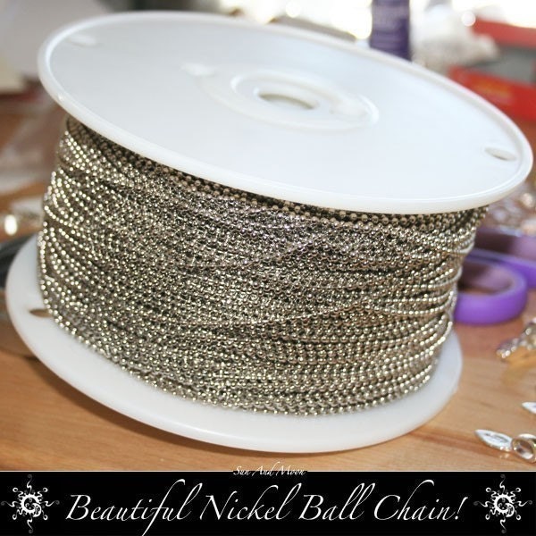 NEW - 1.5mm Fine Tiny Petite Diameter Nickel Colored Ball Chain Spool - 100 Foot Spool - Chain Fits All Aanraku Bails - Beautiful High Quality Metal Ball Chains with 100 Connectors - Perfect for Scrabble and Glass Tile Pendants, Bottle Caps and Dominos