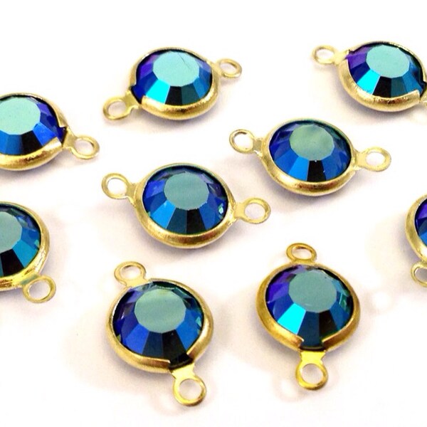8 Vintage Swarovski Montana AB 39ss (8.16-8.41mm) Crystals, 2 Loop Connectors, Links, Gold Plated Channel Set Stones, Article 817