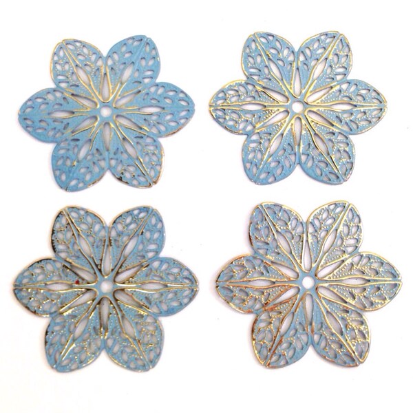 4 Vintage 35mm Filigree Powder Blue & Silver Accented Brass Filigree Flower Stampings