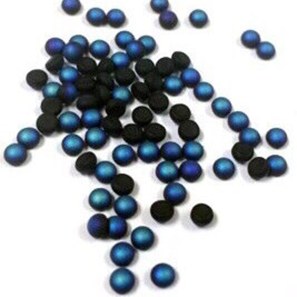 24 Matte Jet AB 3mm bLiNgS, Frosted Round Glass Cabochons, Aurora Borealis, Blue, Aqua, Flat Back