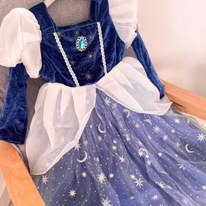 Elsa Frozen-Inspired Dress for Girls – Shimmering Navy Blue Velvet, Stars & Tulle | Long Sleeves for Autumn/Winter