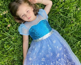 Toddler Elsa Dress – Blue Frozen Birthday Princess Outfit, halloween Costume