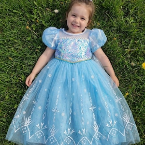 Robe Elsa pour fille - Déguisement princesse bleue, tenue La reine des neiges pour tout-petit