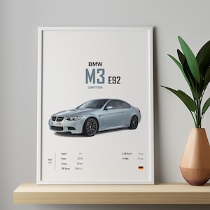 Póster BMW E92 M3 Póster del coche Digital A1-A4 Retrato del coche Arte de la pared Amantes de BMW Impresión para niños Habitación superdeportivo Decoración Hogar Oficina Guardería