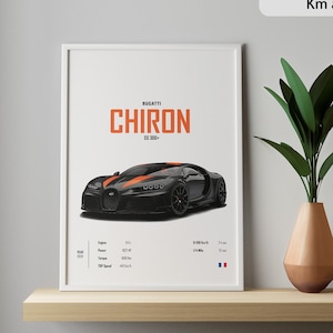 Może przedstawiać: Biały plakat w ramie z czarnym i pomarańczowym samochodem sportowym Bugatti Chiron. Plakat zawiera tekst "BUGATTI CHIRON" i podaje dane dotyczące silnika, mocy, momentu obrotowego i prędkości maksymalnej samochodu.