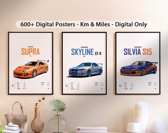 Set of 3 Fast & Furious Toyota Supra, Nissan Skyline, Silvia Car Poster Prints Kids Boys Room Digital Home Office Nursery birthday for Gift