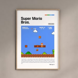 以下が含まれることがあります： スーパーマリオブラザーズのクラシックビデオゲームのスクリーンショットをフィーチャーしたレトロなポスター。ポスターは、白の背景と黒のフレームで、ミニマルなスタイルです。ゲーム画面は、最初のレベルのマリオスコア、ワールド、時間を表示しています。ポスターの上部には「スーパーマリオブラザーズ」のテキストと任天堂のロゴがあります。