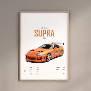 May include: A poster featuring a white background with a black and orange Toyota Supra MK4. The car is orange with black accents and a black spoiler. The poster also includes the text "TOYOTA SUPRA MK4" and technical specifications for the car.