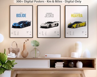 May include: Three framed posters of supercars, each featuring a different model: a blue Bugatti Bolide, a white Koenigsegg Jesko, and a yellow Pagani Huayra. Each poster includes the car's name, manufacturer, and technical specifications.