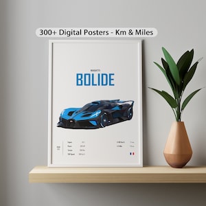 Puede incluir: Póster enmarcado con una ilustración de un coche Bugatti Bolide azul. El póster incluye el nombre del coche, especificaciones y el texto "300+ Digital Posters - Km & Miles". El póster está en una estantería de madera.