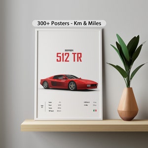 May include: A red Ferrari 512 TR poster with white text and a white background. The poster includes the car's specifications, including engine size, horsepower, torque, and top speed. The poster also includes the Italian flag.