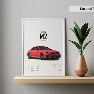 Puede incluir: Un póster enmarcado en blanco con un coche rojo BMW M2 Steptronic sobre un fondo blanco. El póster incluye las especificaciones del coche, incluyendo el tamaño del motor, la potencia, el par y la velocidad máxima. El póster también incluye una bandera alemana.