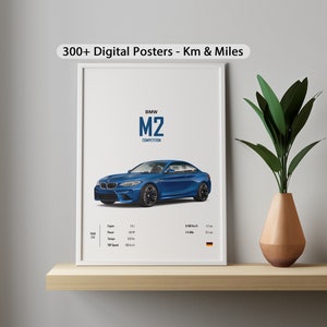 May include: A digital poster featuring a blue BMW M2 Competition car. The poster includes the car's make, model, and specifications, including engine size, horsepower, and top speed. The poster also includes the German flag.