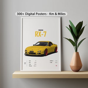 Mazda RX-7 Yellow Car Poster Prints 2023 Wall Art Kids Boys JDM cars Japan Room Digital Decor Children Home Office Nursery birthdays Gift