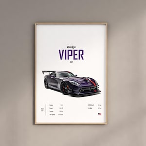 Może przedstawiać: Plakat przedstawiający fioletowy Dodge Viper ACR z czarno-czerwonym paskiem. Plakat zawiera tekst "Dodge Viper ACR" oraz dane techniczne samochodu, w tym pojemność silnika, moc, moment obrotowy i prędkość maksymalną.