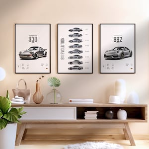 Conjunto de 3 Porsche 911 930 992 Evolution Silver Digital Posters Set Impresiones A1-A4 Wall Art Kids Boys Room Decoración digital Home Office Niños