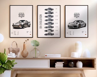 Set of 3 Porsche 911 930 992 Evolution Silver Digital Posters Set Prints A1-A4 Wall Art Kids Boys Room Digital Decor Home Office Children