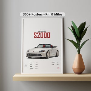 May include: White Honda S2000 sports car poster with red text. The poster includes the car's specifications, including engine size, horsepower, and top speed.