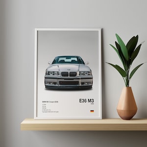 BMW E36 M3 Vorderansicht Auto Poster BMW Liebhaber Digitaldruck Download Wand Kunst Dekor Kinder Jungen Zimmer Digital Home Office Geburtstag Geschenk für Ihn