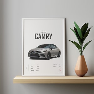 以下が含まれることがあります： 銀色のトヨタカムリのイラストが描かれた白い額縁付きポスター。ポスターには「TOYOTA CAMRY」の文字と、エンジンの大きさ、馬力、最高速度などの車の仕様が記載されています。